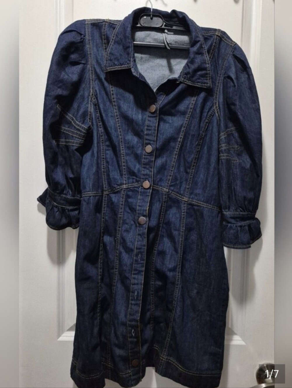 Anthropologie Denim Puff Sleeve Mini Dress Dark Wash Button Front 10P OB2033924 - Picture 8 of 8